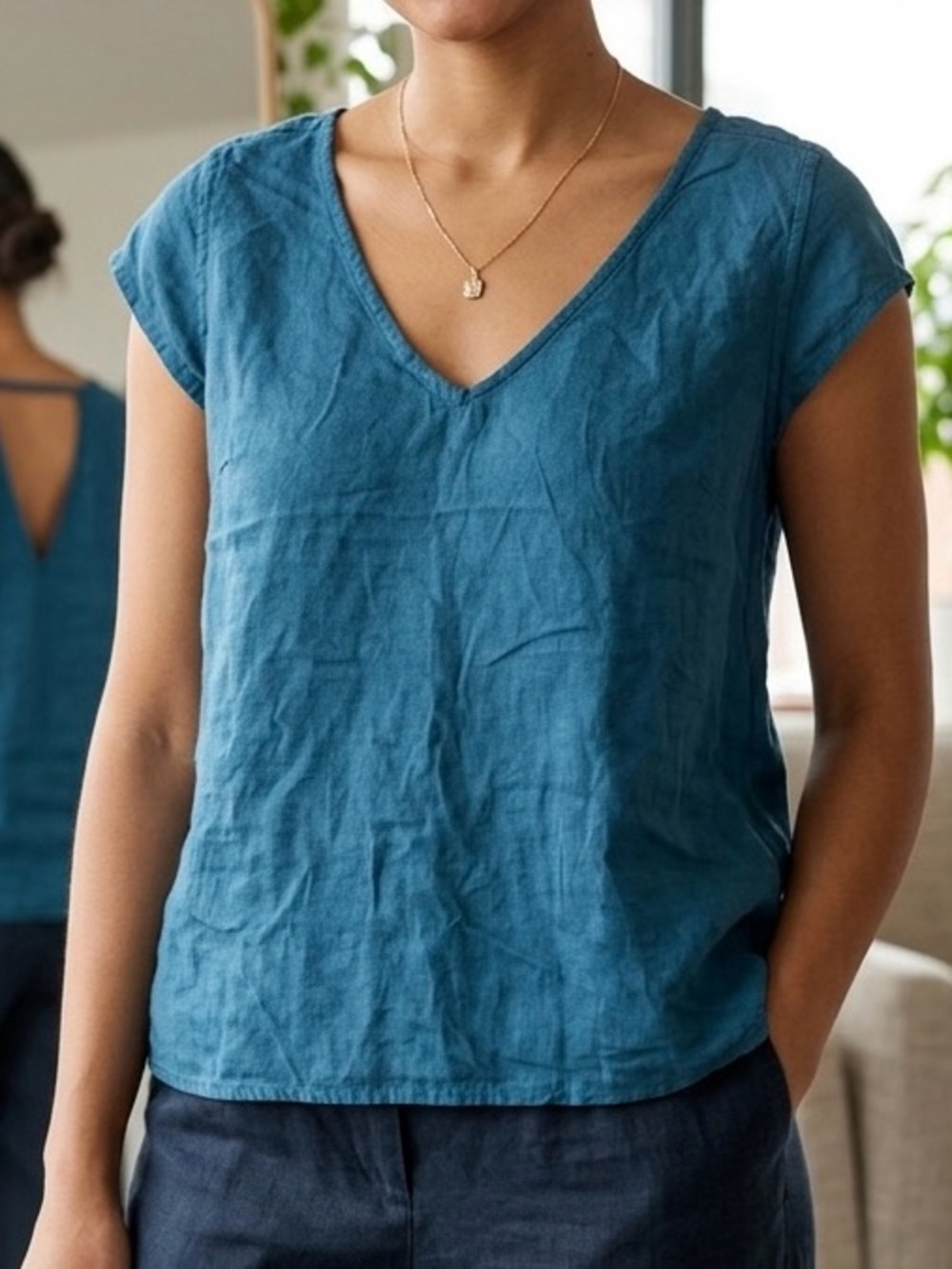 Relaxed Teal V-Neck Short Sleeve Blouse